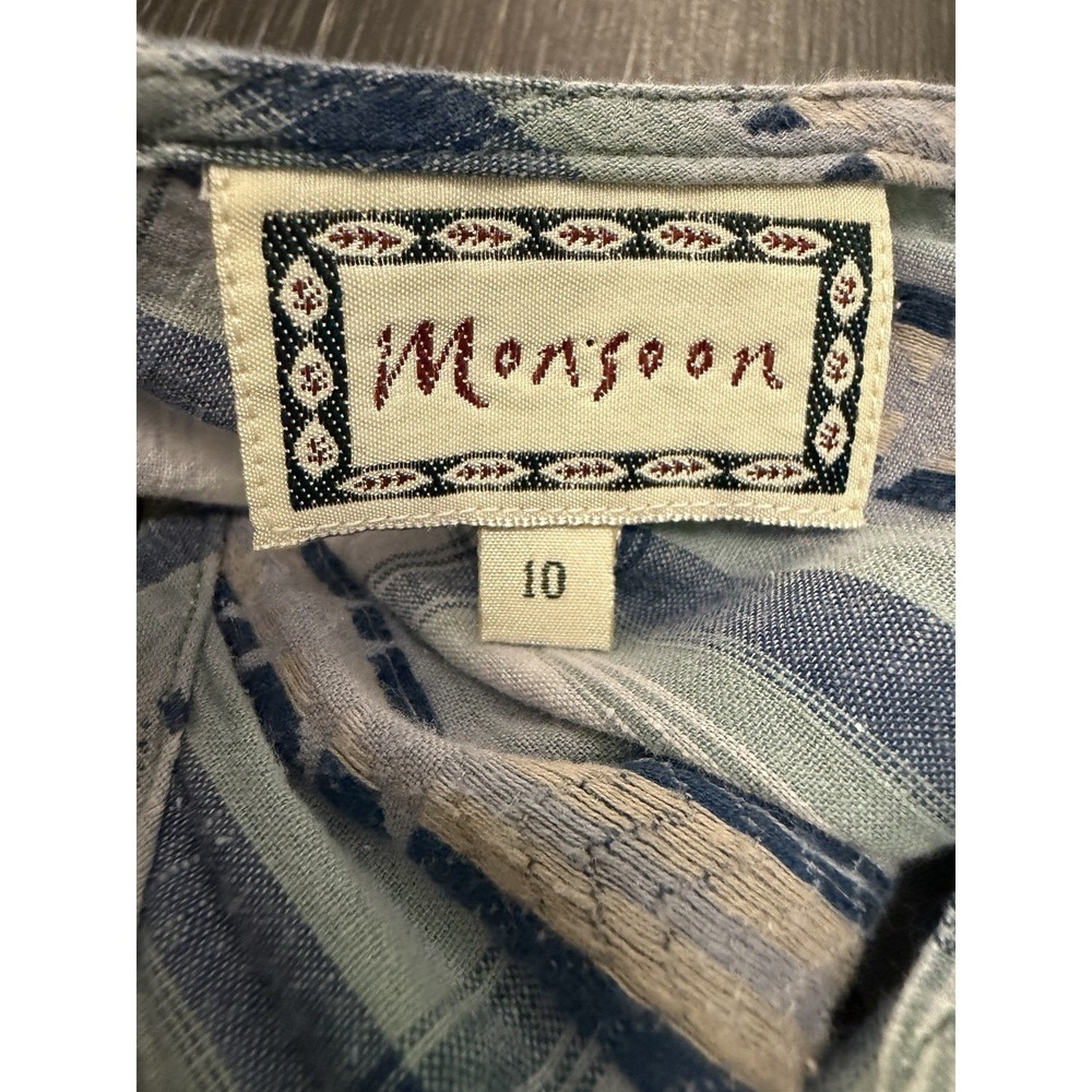 Monsoon Plaid Tie Midi Shirt Dress Sz 10 Fit Flare Aztec Cottage Prairie Blue - Picture 9 of 10